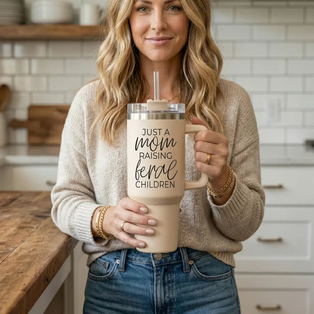 Just a Mom Raising Feral Children Tumbler with Handle