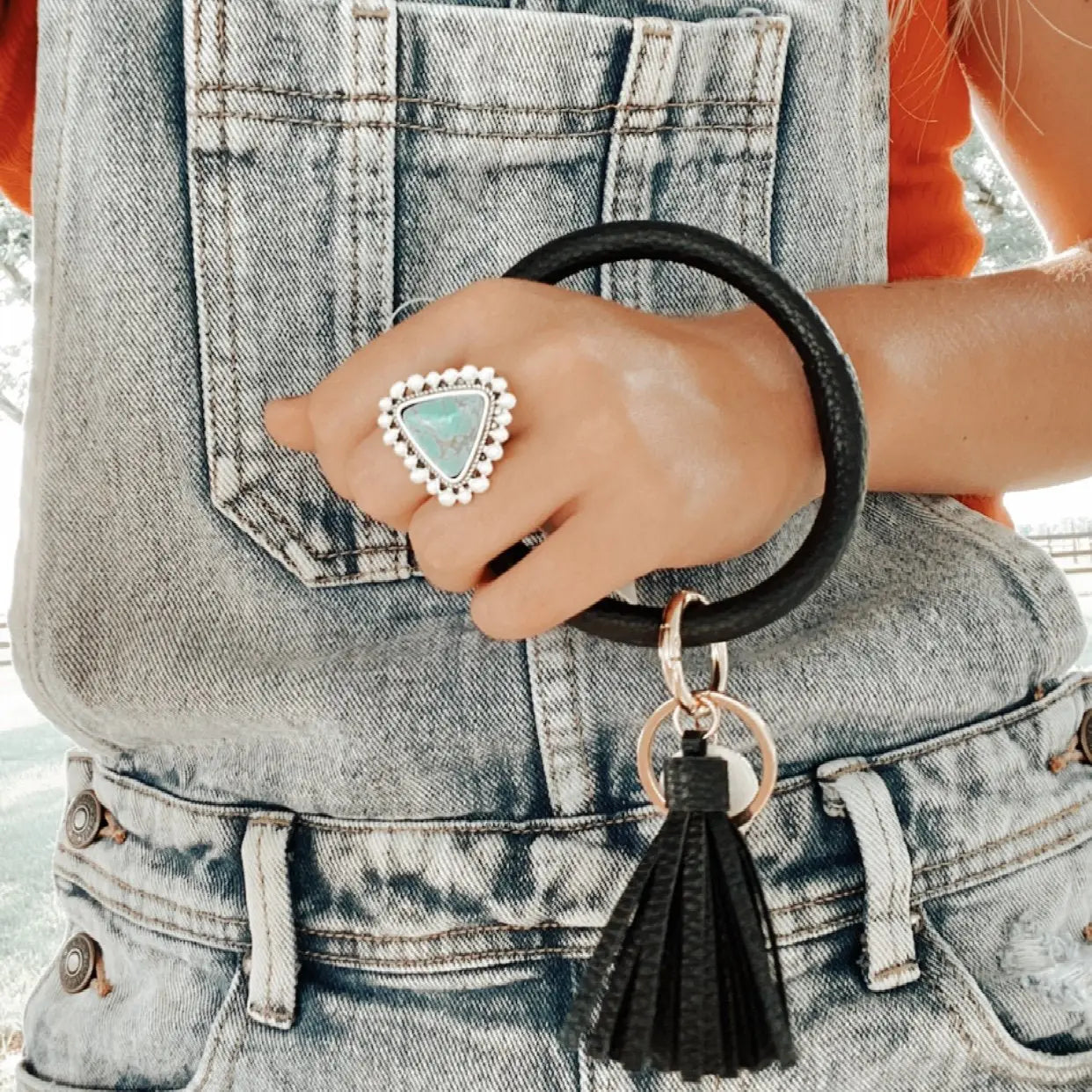 Black Bangle Bracelet Keyring with Tassel