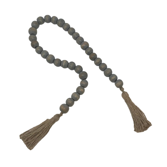 Wooden Boho Bead Garland with Natural Jute Tassels - Grey