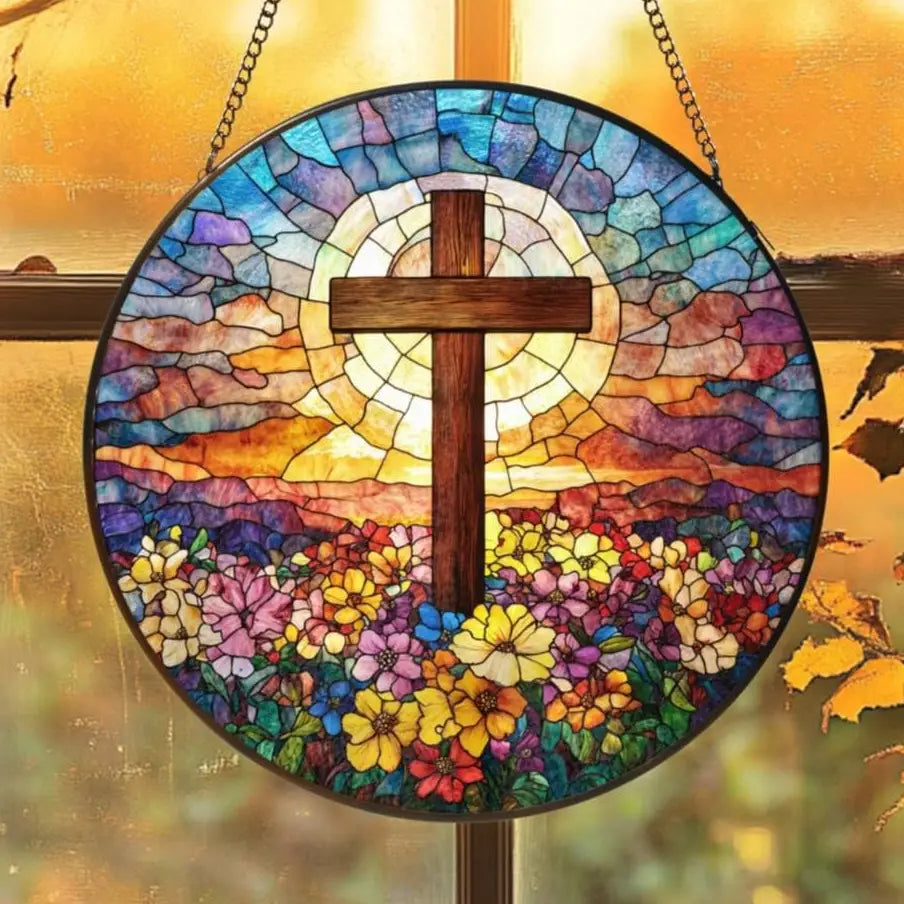 Cross Wildflowers Stained Glass Suncatcher